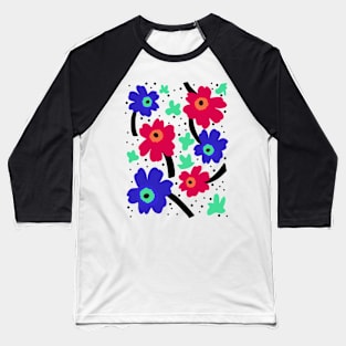 Bold Blue And Red Poppy Pattern Baseball T-Shirt